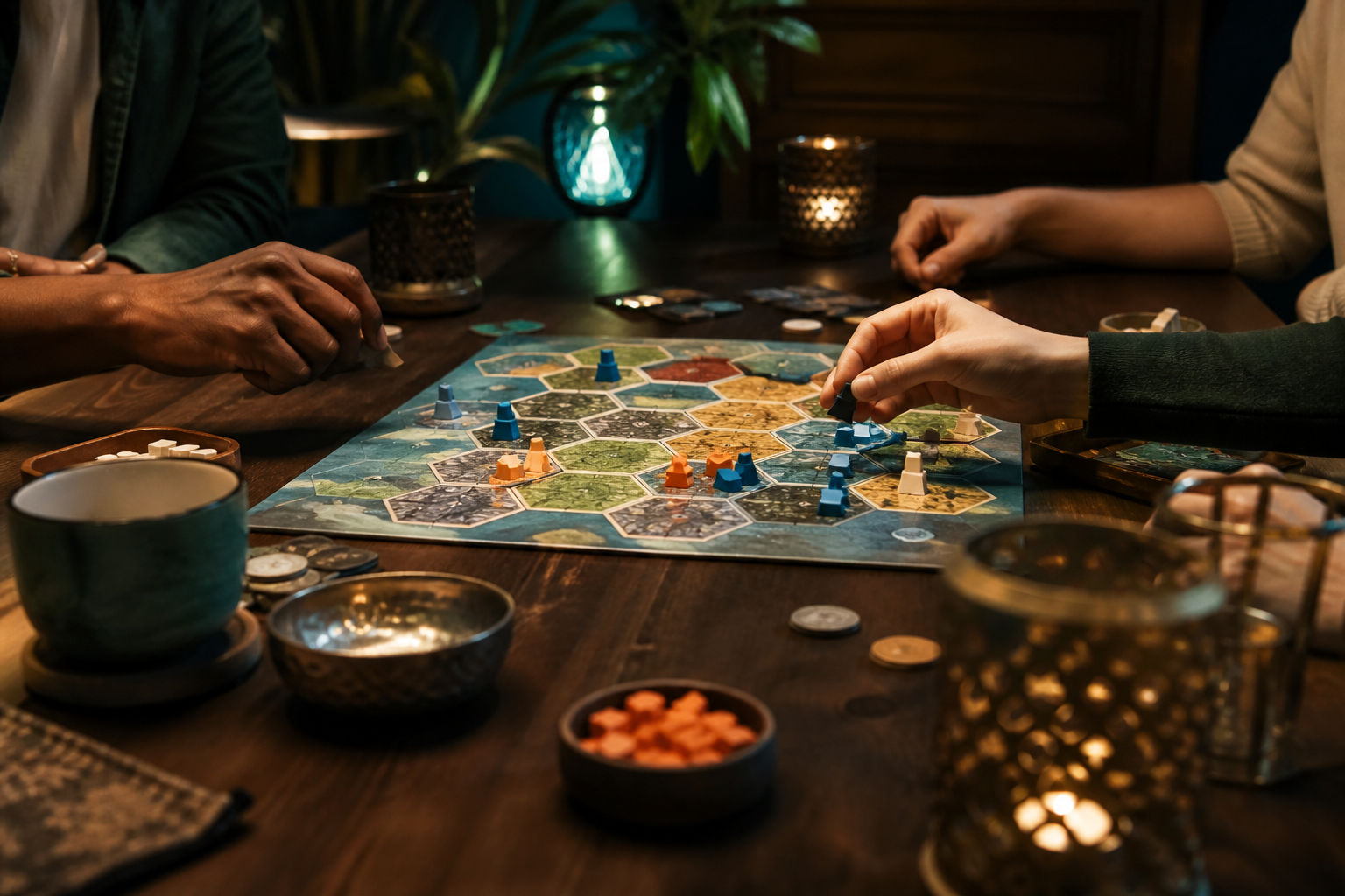 Evening strategy session at a wooden game table